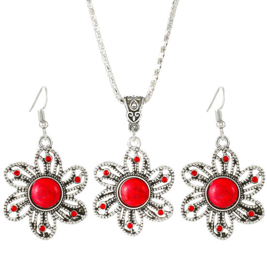 Picture of Boho Chic Bohemia Jewelry Necklace Earrings Set Antique Silver Color Red Sunflower Hollow 46cm(18 1/8") long, 5.4cm, 1 Set