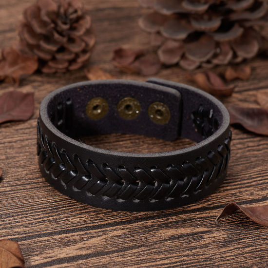 Picture of PU Leather Punk Bracelets Black Weave Textured Adjustable 18cm - 21cm long, 1 Piece
