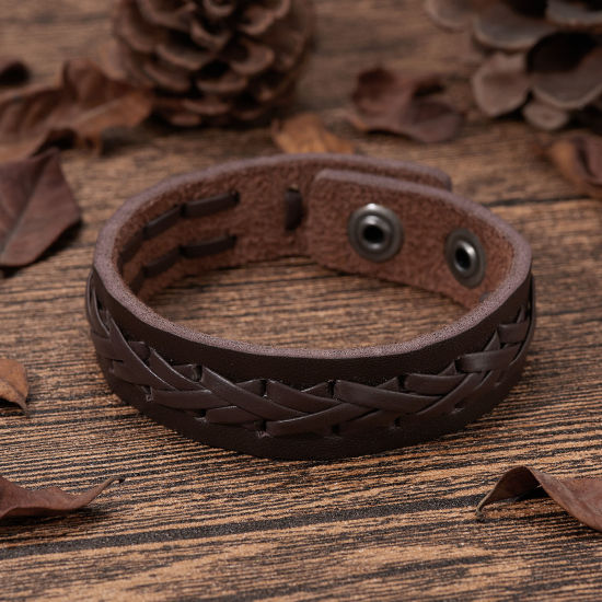 Picture of PU Leather Punk Bracelets Dark Brown Weave Textured Adjustable 18cm - 20cm long, 1 Piece