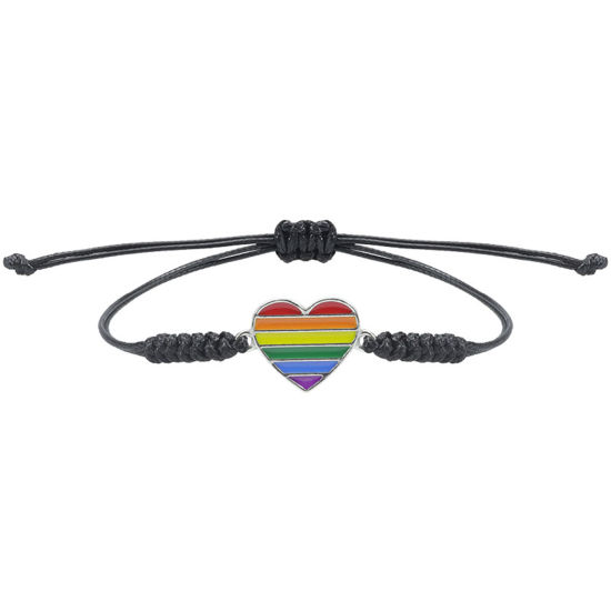 Picture of Stylish Waved String Braided Friendship Bracelets Multicolor Heart Rainbow Enamel 17cm - 29cm long, 1 Piece