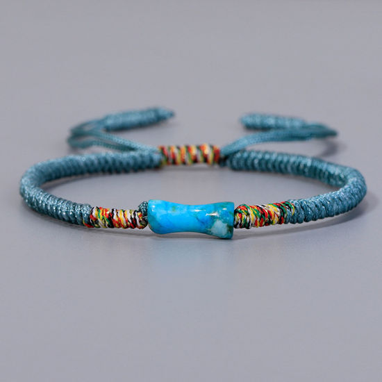 Изображение Терилен & Смола Этнические Плетеные браслеты Голубовато-синем Коленце бамбука Регулируемый 17см Длина, 1 ШТ
