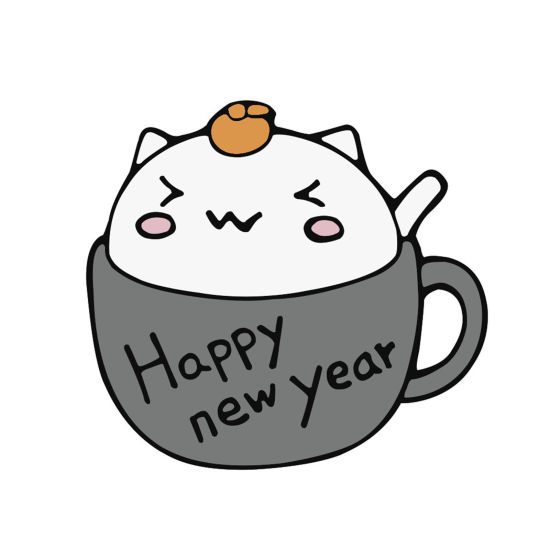 Picture of Cute Pin Brooches Cup Cat Message " Happy New Year " Gray Enamel 24mm x 21mm, 1 Piece