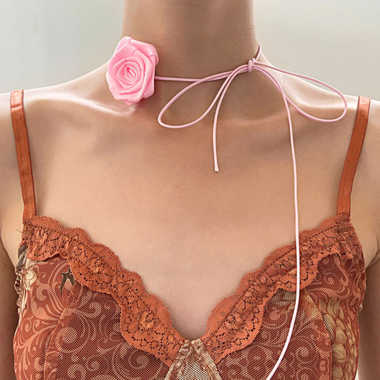 Picture of Polyester Stylish Statement Necklace Rose Flower Pink 102cm long, 1 Piece