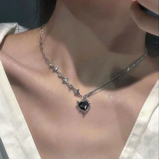 Picture of Y2K Pendant Necklace Silver Tone Star Heart Black Rhinestone 39cm(15 3/8") long, 1 Piece