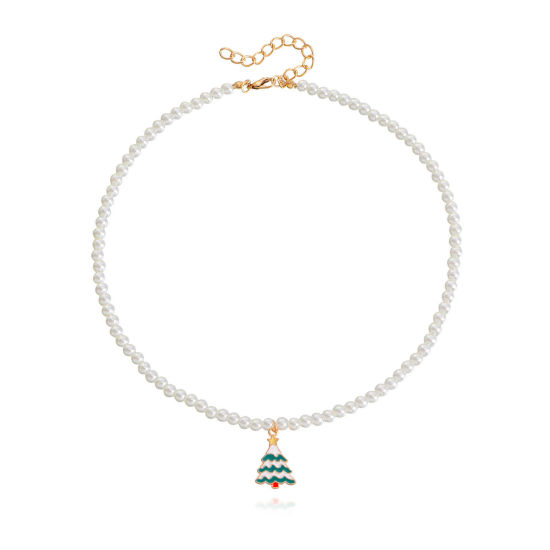 Image de Collier à Pendentif Élégant Doré Pin de Noël Imitation Perles 40cm long, 1 Pièce