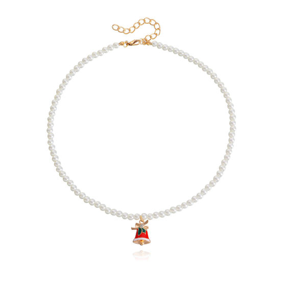 Image de Collier à Pendentif Noël Doré Cloches Imitation Perles 40cm long, 1 Pièce