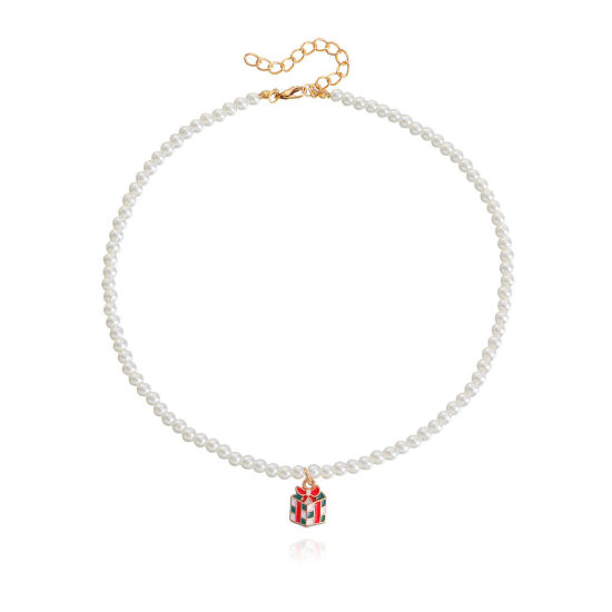 Image de Collier à Pendentif Noël Doré Boîte à cadeau Imitation Perles 40cm long, 1 Pièce