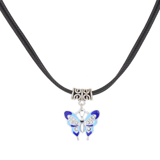 Picture of Insect Pendant Necklace Silver Tone Butterfly Animal Clear Rhinestone 47cm(18 4/8") long, 1 Piece