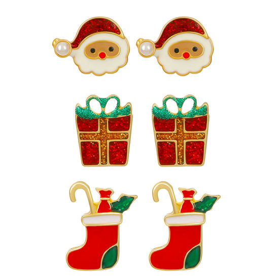おしゃれ イヤリングピアスセット 金メッキ クリスマスの靴下 ギフトボックス 1.2cm-1.5cm長さ、 1 セット ( 3 ペア/セット) の画像