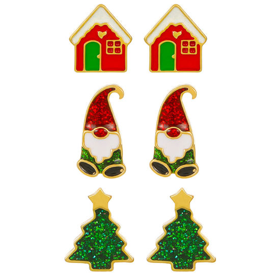 おしゃれ イヤリングピアスセット 金メッキ ハウス クリスマス サンタクロース 1.3cm-1.6cm長さ、 1 セット ( 3 ペア/セット) の画像