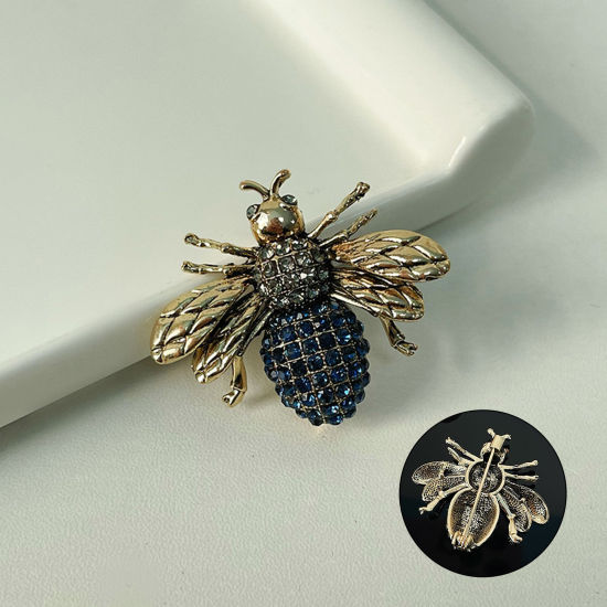 Image de Broche Epingle Rétro Abeille Doré à Strass Bleu Encre 4.2cm x 3.5cm, 1 Pièce