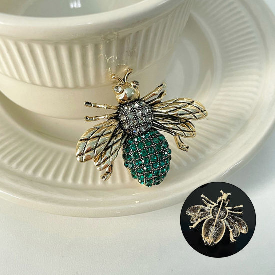 Image de Broche Epingle Rétro Abeille Doré à Strass Vert 4.2cm x 3.5cm, 1 Pièce