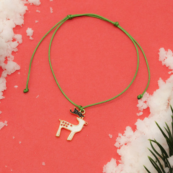 Picture of Waved String Braided Friendship Bracelets Green Christmas Reindeer Adjustable 16cm-21cm long, 1 Piece