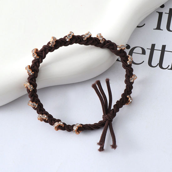 Immagine di Poliestere Elegante Elastico Molla Fermacapelli Caffè Scuro Intrecciato Tessuto Strutturato Elastico Trasparente Strass 6cm Dia, 1 Pz