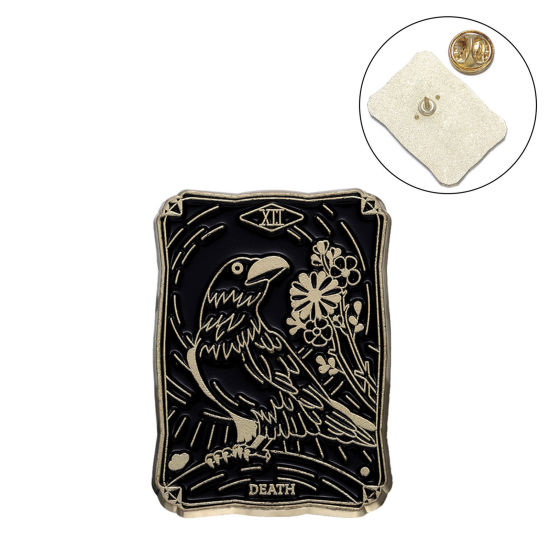 Picture of Tarot Pin Brooches Rectangle Bird Black Enamel 3cm x 2.1cm, 1 Piece