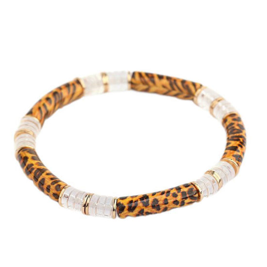 Picture of Acrylic Bangles Bracelets Multicolor Curved Tube Leopard Print Elastic 6cm Dia, 1 Piece
