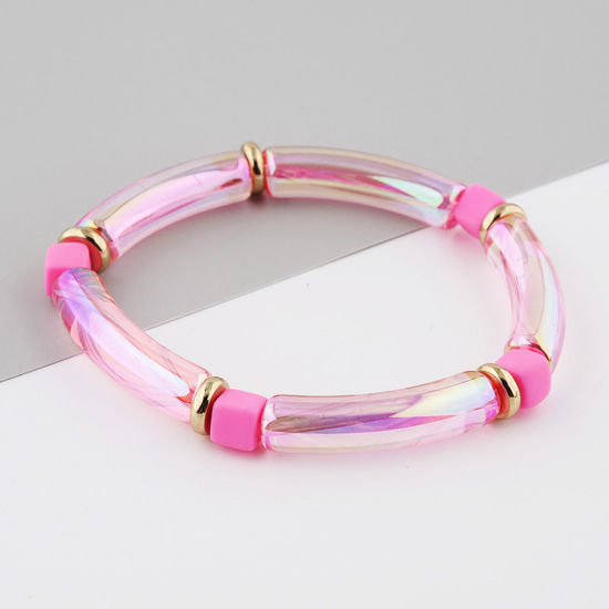 Picture of Acrylic Bangles Bracelets Pink Curved Tube Elastic 6cm Dia, 1 Piece