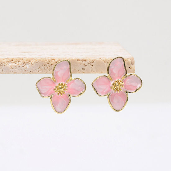 Picture of Retro Ear Post Stud Earrings Gold Plated Pink Flower Enamel 2.5cm x 2.3cm, 1 Pair