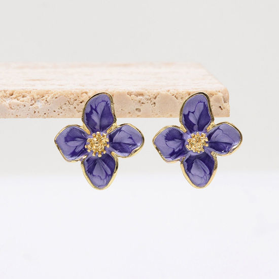 Picture of Retro Ear Post Stud Earrings Gold Plated Purple Flower Enamel 2.5cm x 2.3cm, 1 Pair