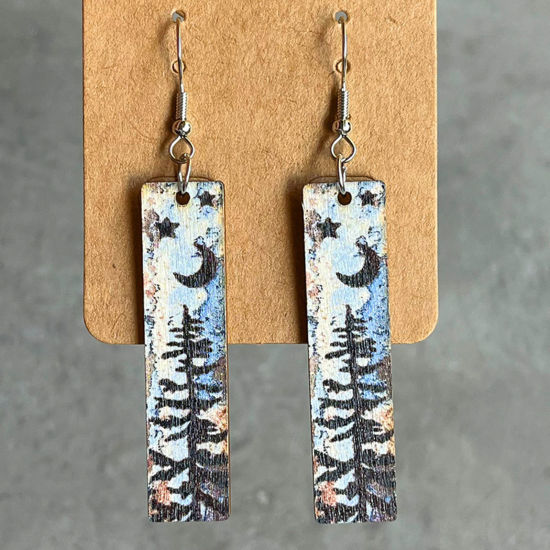 Picture of Wood Pastoral Style Earrings Silver Tone Light Blue Rectangle Forest 7cm, 1 Pair