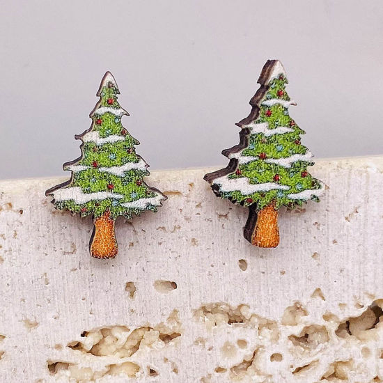 Picture of Wood Cute Ear Post Stud Earrings White & Green Christmas Tree 1.5cm, 1 Pair