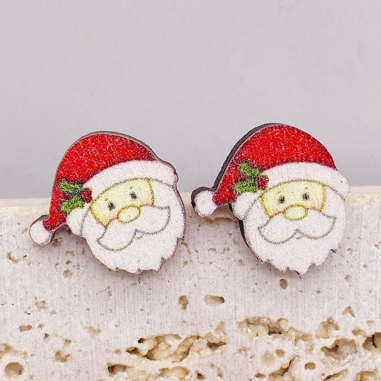 Bild von Holz Niedlich Ohrring Ohrstecker Weiß & Rot Weihnachten Weihnachtsmann 1.5cm, 1 Paar