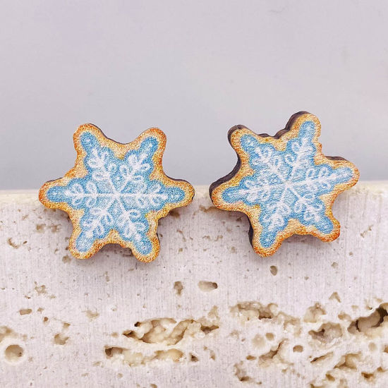 Picture of Wood Cute Ear Post Stud Earrings Light Blue Christmas Snowflake 1.5cm, 1 Pair