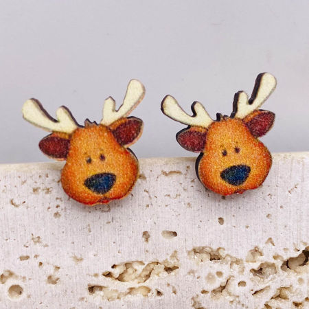 Picture of Natural Wood Cute Ear Post Stud Earrings Brown Yellow Christmas Reindeer 1.5cm, 1 Pair