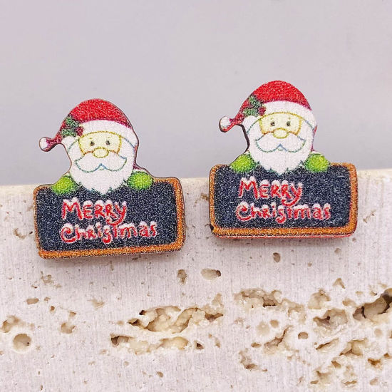 Bild von Holz Niedlich Ohrring Ohrstecker Bunt Weihnachten Weihnachtsmann Message " Merry Christmas " 1.5cm, 1 Paar
