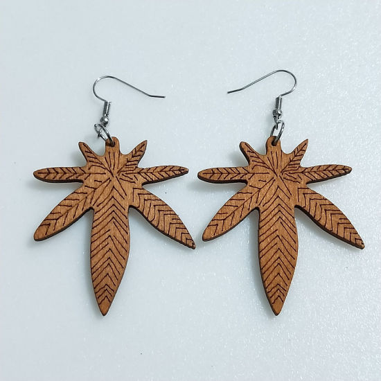 Image de Boucles d'Oreilles Rétro en Bois Naturel Brun Feuilles Creux 6cm, 1 Paire