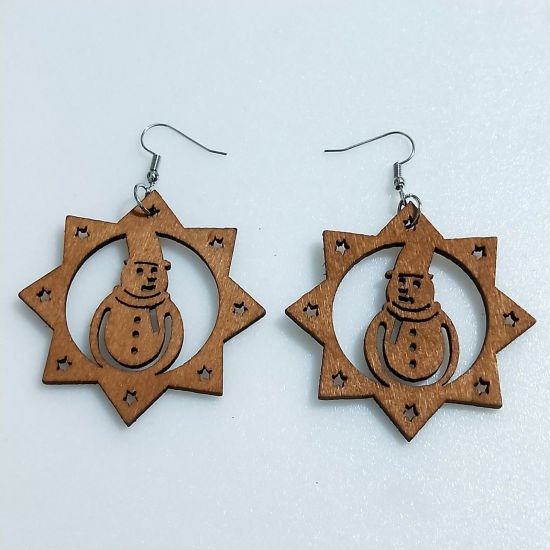Image de Boucles d'Oreilles Rétro en Bois Naturel Brun Etoile Bonhomme de Neige de Noël Creux 5cm, 1 Paire