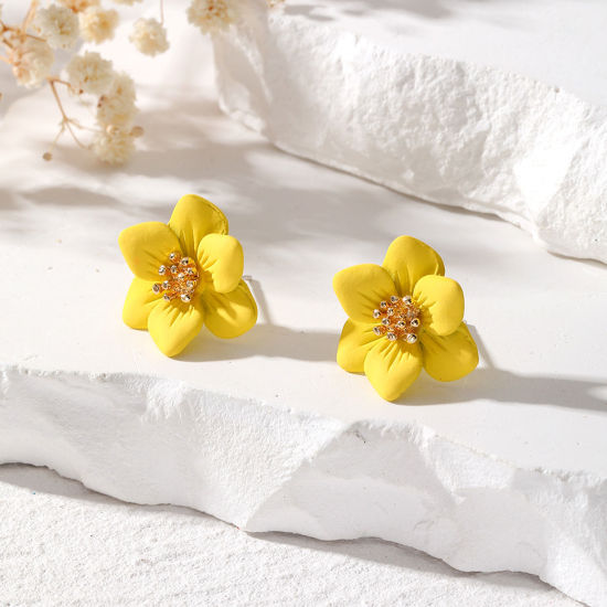 Picture of 1 Pair Pastoral Style Ear Post Stud Earrings Yellow Flower Frosted 20mm x 18mm