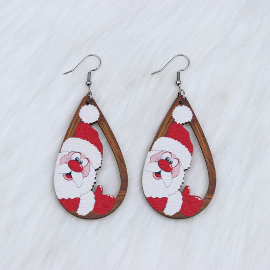Picture of Wood Simple Earrings Multicolor Drop Christmas Santa Claus Hollow 6.8cm, 1 Pair