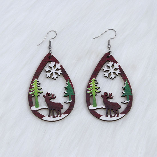 Picture of Wood Simple Earrings Multicolor Drop Christmas Reindeer Hollow 6.8cm, 1 Pair