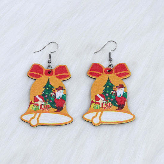 Picture of Wood Simple Earrings Multicolor Christmas Jingle Bell Christmas Tree 6.8cm, 1 Pair