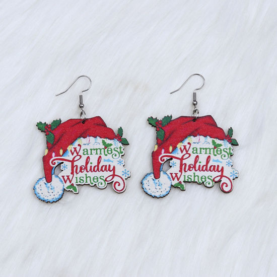 Picture of Wood Simple Earrings Multicolor Christmas Hats 6.8cm, 1 Pair