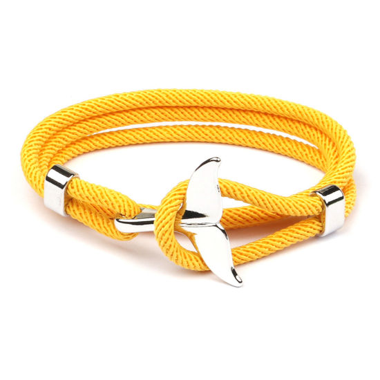 Picture of 1 Piece Polyester Boho Chic Bohemia Braided Bracelets Silver Tone Yellow Fishtail 63cm(24 6/8") long