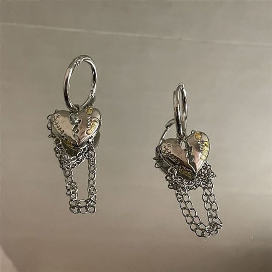 Image de 1 Paire Boucles d'Oreilles Y2K Argent Mat Cœur Franges 3.2cm