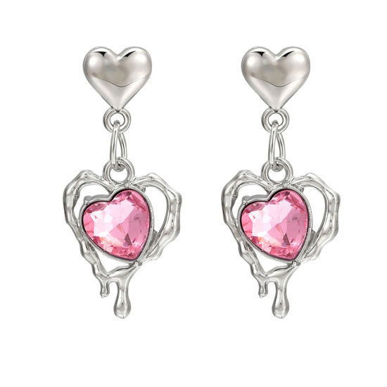 Image de 1 Paire Boucles d'Oreilles Y2K Argent Mat Cœur à Strass Rose 4cm