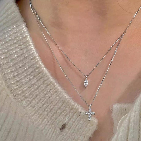 Picture of 1 Piece Ins Style Multilayer Layered Necklace Silver Tone Cross Drop Clear Rhinestone 36cm-45cm long