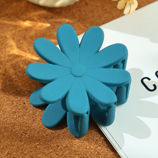 Picture of 1 Piece Resin Pastoral Style Hair Claw Clips Clamps Blue Flower Frosted 4.8cm x 4.8cm