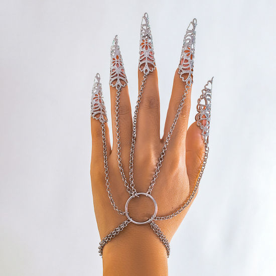 Picture of 1 Piece Gothic Retro Nail Finger Ring Chain Bracelets Silver Tone Tassel Circle Ring 14cm(5 4/8") long