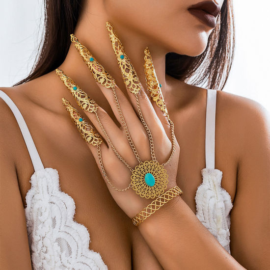 Picture of 1 Piece Gothic Retro Nail Finger Ring Chain Bracelets Gold Plated Tassel With Resin Cabochons Imitation Turquoise 18cm(7 1/8") long