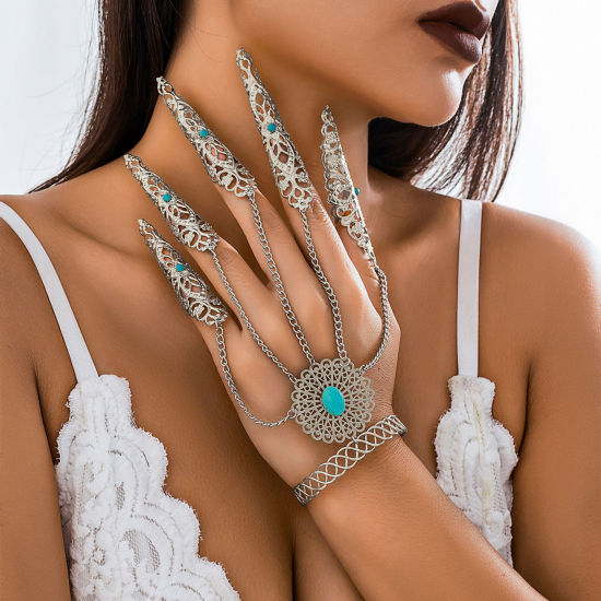 Picture of 1 Piece Gothic Retro Nail Finger Ring Chain Bracelets Silver Tone Tassel With Resin Cabochons Imitation Turquoise 18cm(7 1/8") long