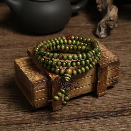 Picture of 1 Piece Natural Wood Ethnic Dainty Bracelets Delicate Bracelets Beaded Bracelet Green 65cm(25 5/8") long