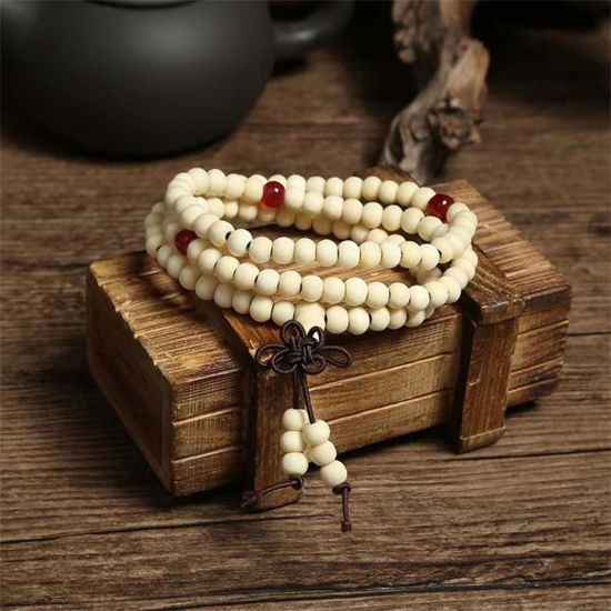 Picture of 1 Piece Natural Wood Ethnic Dainty Bracelets Delicate Bracelets Beaded Bracelet White 65cm(25 5/8") long