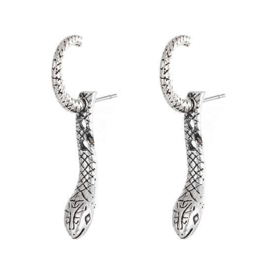 Picture of 1 Pair Ear Jacket Stud Earrings Antique Silver Color Snake Animal 2.1cm x 0.6cm