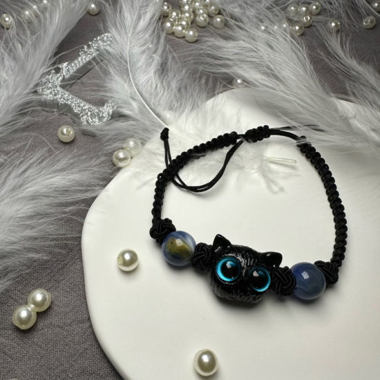 Picture of 1 Piece Lampwork Glass Handmade Braided Bracelets Blue Cat Animal Adjustable 18cm(7 1/8") long
