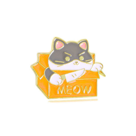 Image de 1 Pièce Broche Epingle Mignon Boîte Chats Gris & Orange Émail 3cm x 2.3cm