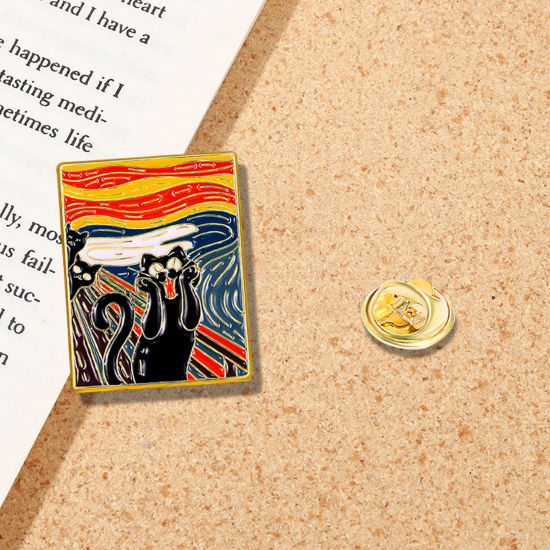 Picture of 1 Piece Retro Pin Brooches Rectangle Painting Multicolor Enamel 3cm x 2.3cm